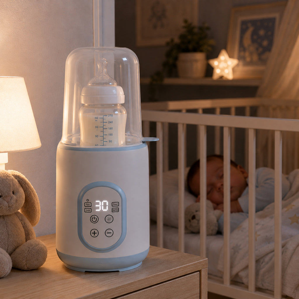 Chauffe biberon et bébé dort dans son lit