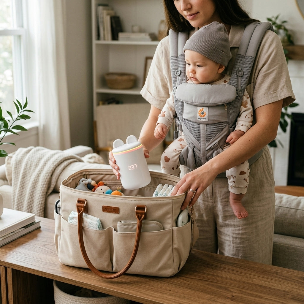 Chauffe biberon nomade blanc dans sac avec maman et porte-bébé