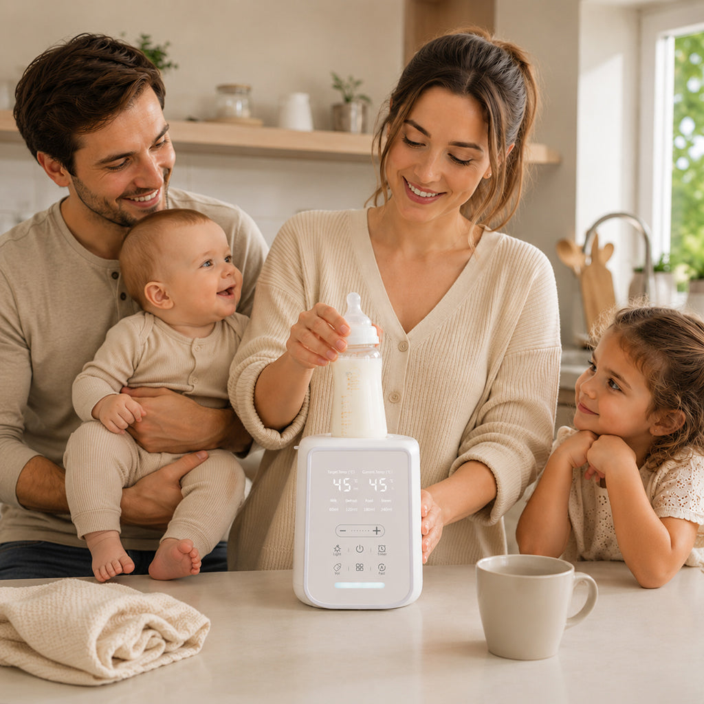 Famille autour du chauffe-biberon