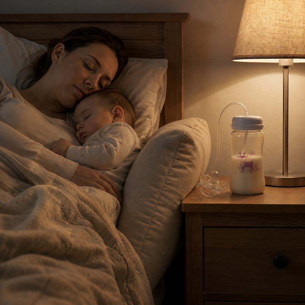 Maman et bébé dorment lit biberon rose table de nuit