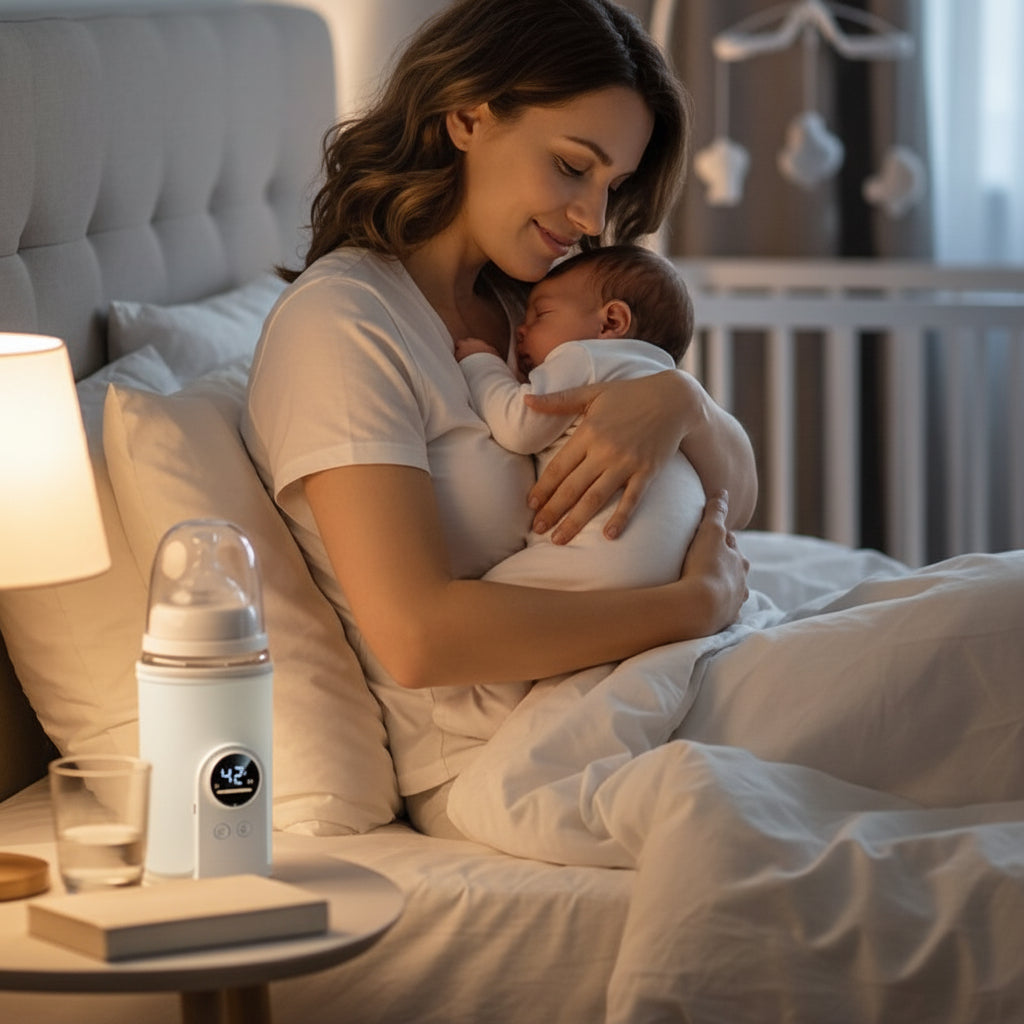 Maman et bébé dans le lit avec chauffre biberon nomade