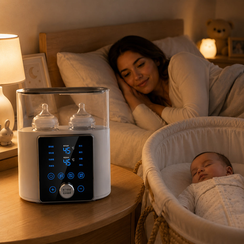 Maman dans lit et bébé dans berceau avec chauffe biberon