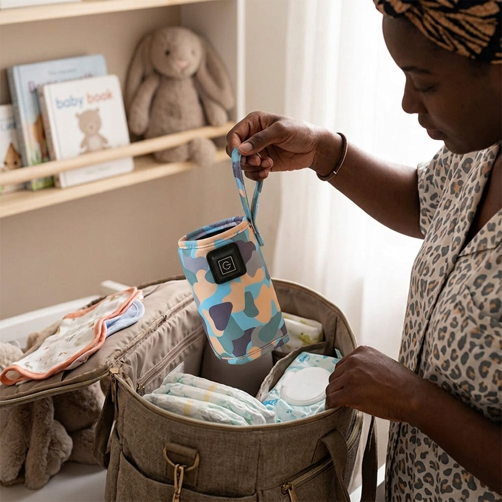 Maman met chauffe biberon portable dans son sac à langer