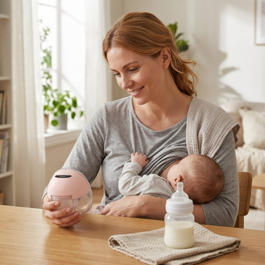 Maman regarde tire lait electrique et allaite bébé