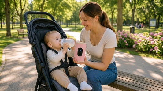 Maman avec chauffe biberon nomade rose dans le parc avec bébé