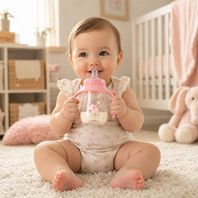 Bébé assis sur tapis chambre avec biberon rose