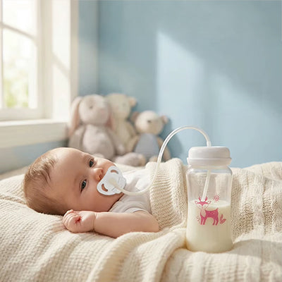 Bébé biberon rose sur le lit dans la chambre