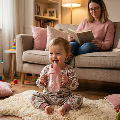 Bébé avec biberon rose et maman lit sur le canapé