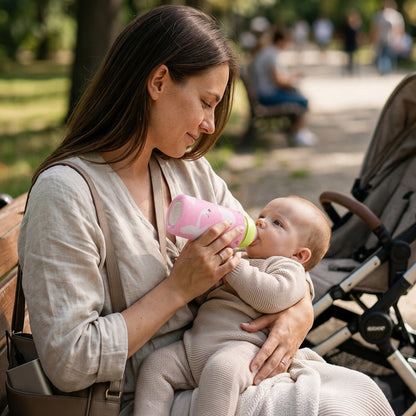 Bébé boit avec chauffe biberon nomade style cygne dans parc