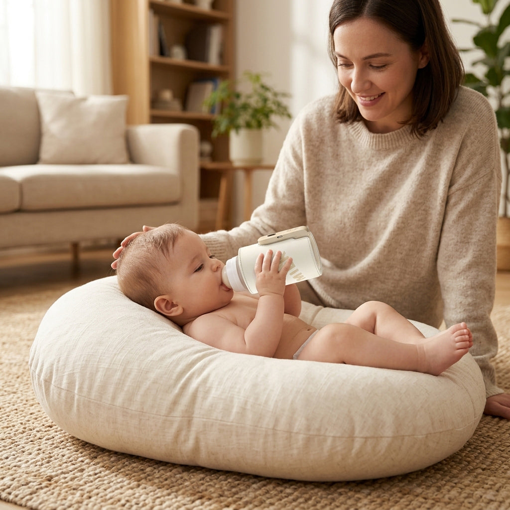Bébé boit avec chauffe biberon nomade-sur coussin avec maman