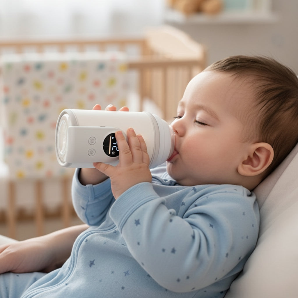 Bébé boit avec son chauffe biberon nomade blanc