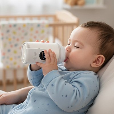 Bébé boit avec son chauffe biberon nomade