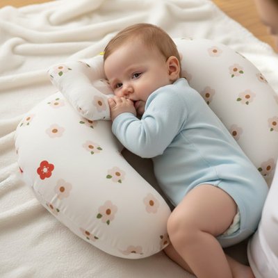 Bebe couche sur un coussin d'allaitement