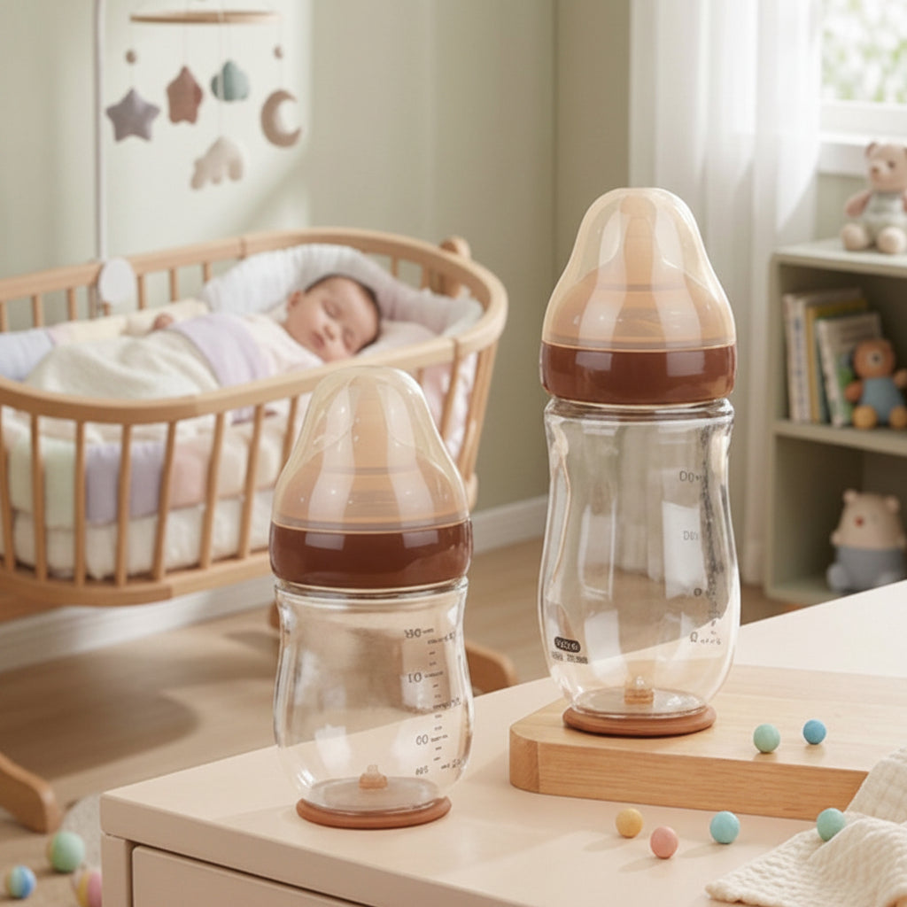 Bébé dort dans bassinette et biberon en verre sur commode