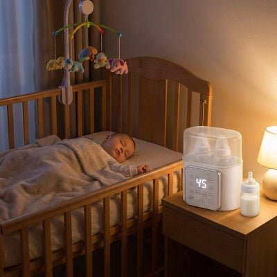 Bébé endormi avec chauffe biberon sur la table