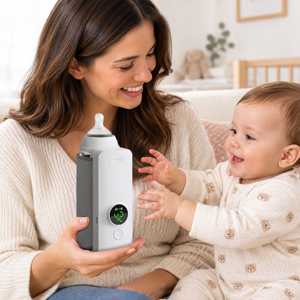 Bébé regarde chauffe-biberon nomade dans la main de maman