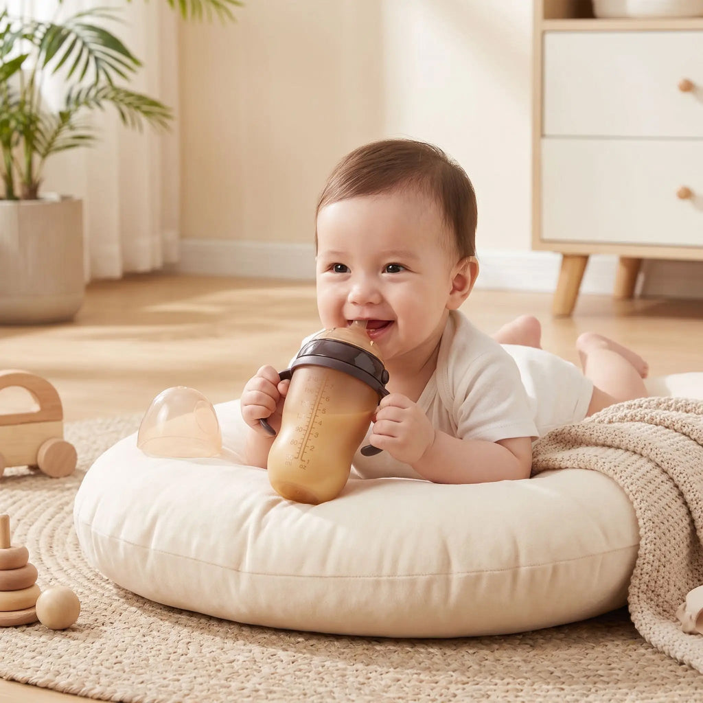 Bébé sur coussin dans le salon avec biberon