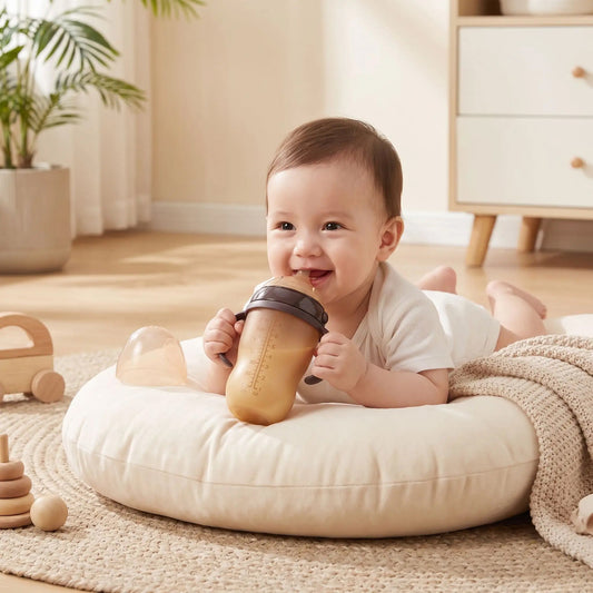 Bébé sur coussin dans le salon avec biberon