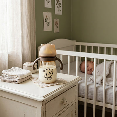 Biberon dans la chambre et bébé dort dans son lit