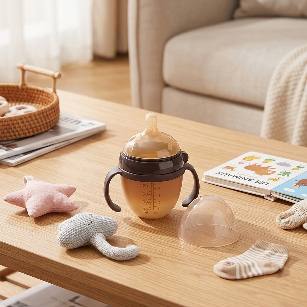 Biberon sur table de salon avec accessoires de bébé