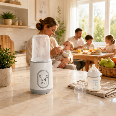 Chauffe biberon avec maman et bébé avec famille au déjeuner