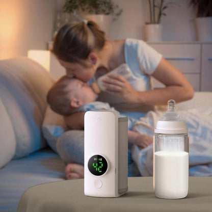 Chauffe-biberon nomade avec maman et bébé en arrière plan
