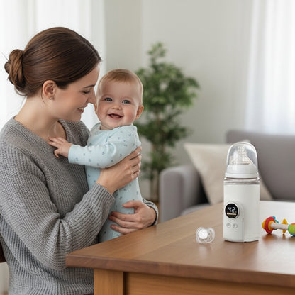 Chauffe biberon nomade blanc sur table avec maman et bébé