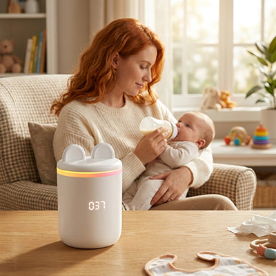 Chauffe biberon nomade blanc sur table salon maman biberon bébé