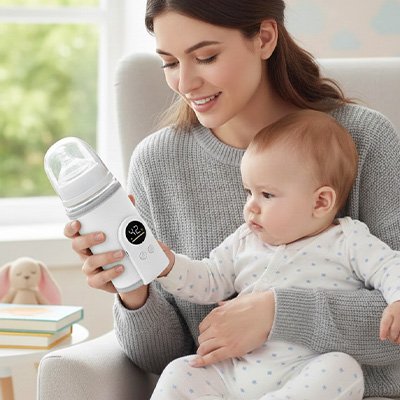 Chauffe biberon nomade dans les mains de maman avec bébé