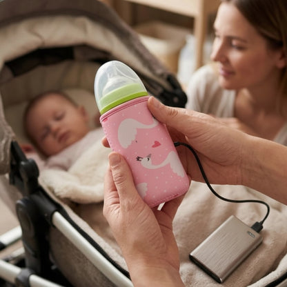 Chauffe biberon nomade style cygne avec bébé dans la poussette