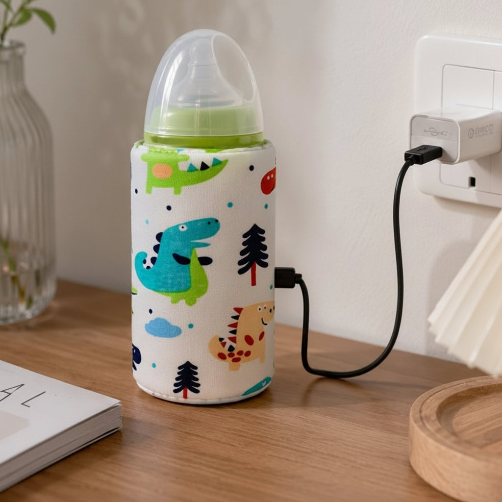 Chauffe biberon nomade style dinosaure branché sur un adapteur