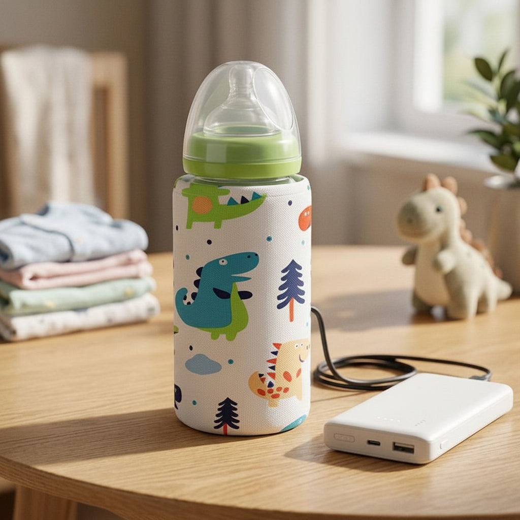 Chauffe biberon nomade style dinosaure charge sur une batterie externe