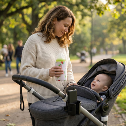 Chauffe biberon nomade style fraise en promenade avec poussette