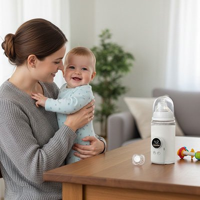 Chauffe biberon nomade sur une table avec maman et bébé