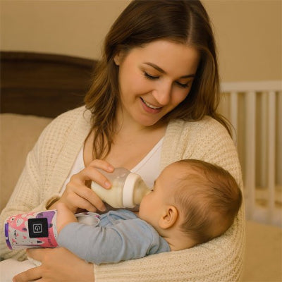 Chauffe biberon portable​ et maman nourrit bébé