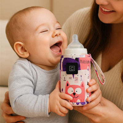Chauffe biberon portable rose et bébé qui sourit