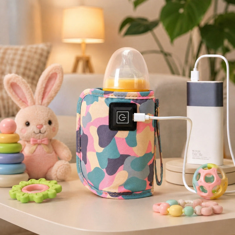 Chauffe biberon portable rose sur table avec accessoires de bébé