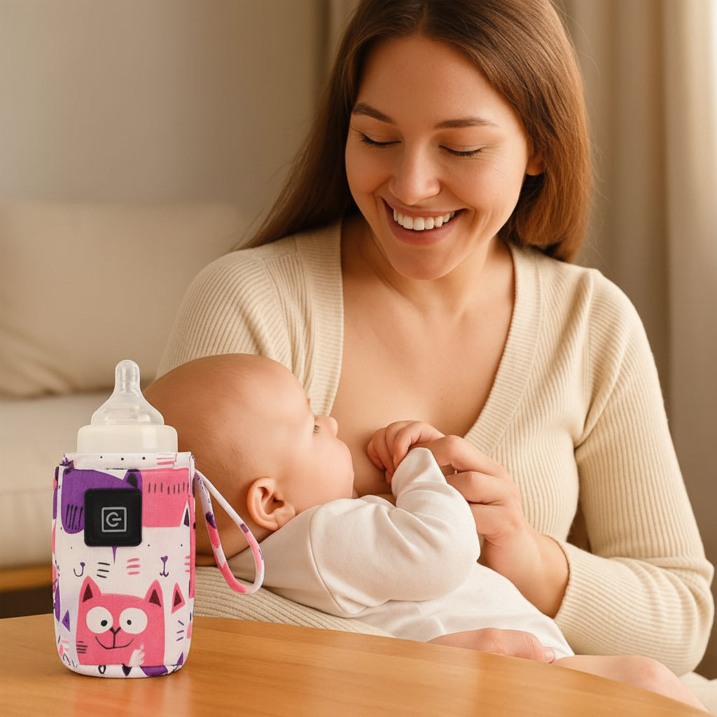 Chauffe biberon portable​ sur table près de maman et bébé