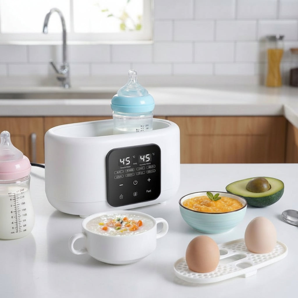 Chauffe biberon sur un comptoir de cuisine avec aliments