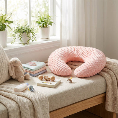 Coussin pour allaiter près d'une fenêtre sur un banc