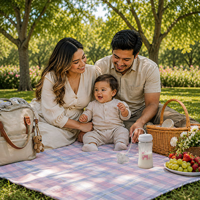 Famille hispanique pique-nique dans un parc avec biberon rose
