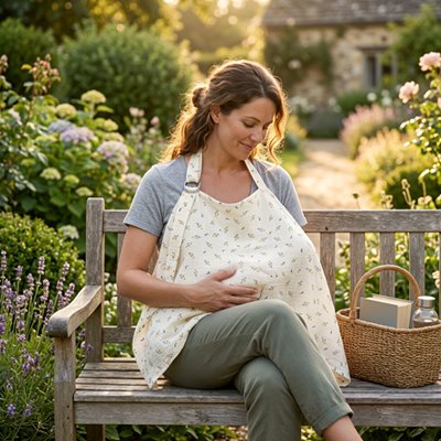 Femme sur banc parc avec bébé sous cape d'allaitement