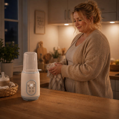 Femme dans la cuisine prépare le chauffe biberon