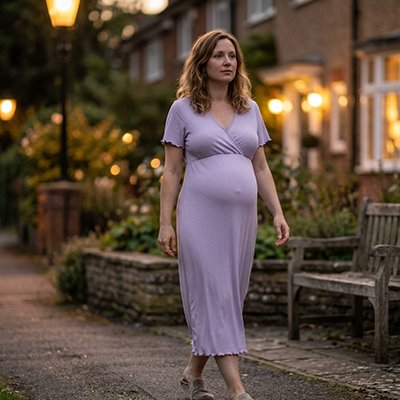 Femme grossesse marche avec chemise de nuit allaitement violet