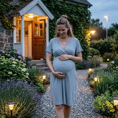 Femme grossesse se promène avec chemise de nuit allaitement bleu