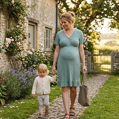 Femme marche avec enfant et porte chemise de nuit allaitement