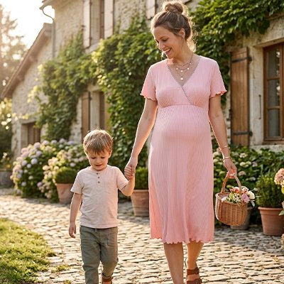 Femme se promène avec enfant et porte chemise de nuit allaitement rose