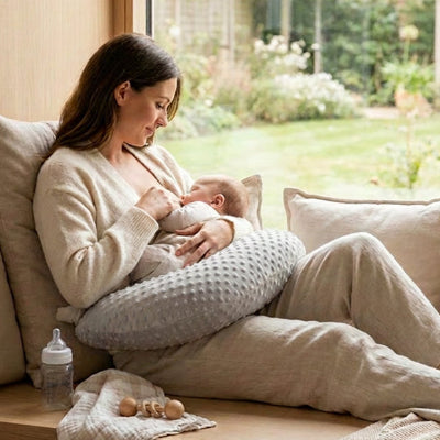 Maman allaite bébé devant une fenêtre avec coussin pour allaiter