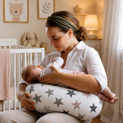Maman allaite bébé sur son coussin d'allaitement