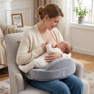 Maman qui allaite bébé sur coussin d'allaitement